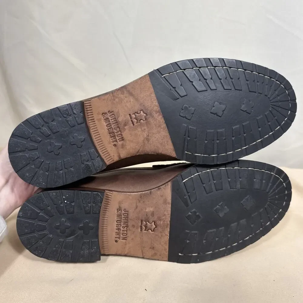 Johnston & Murphy Men 9.5 M Brown Sheepskin Leather Penny Loafers Moc Toe Career